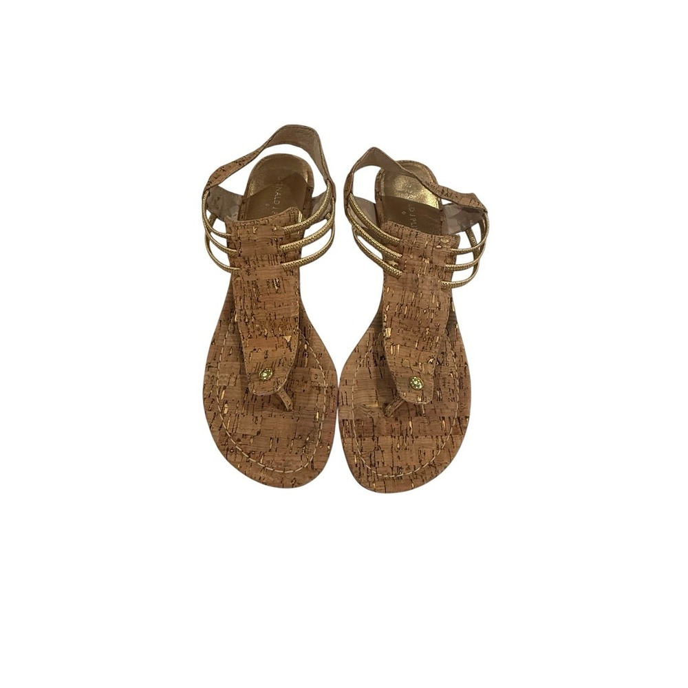 Donald J Pliner Dove Wedge Sandals Womens 9.5M Cork Gold Excellent Metallic Low